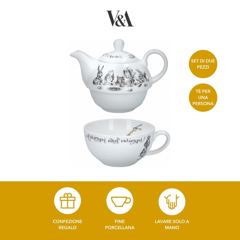 Va V&A Alice in Wonderland Teapot and Cup Set For 1 in Gift Box, Fine China Tea Set, White, 250 ml - Image 2